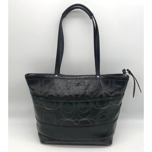 Coach Stripe Stitched Black Patent Leather Tote F19198 - Picture 2 of 11